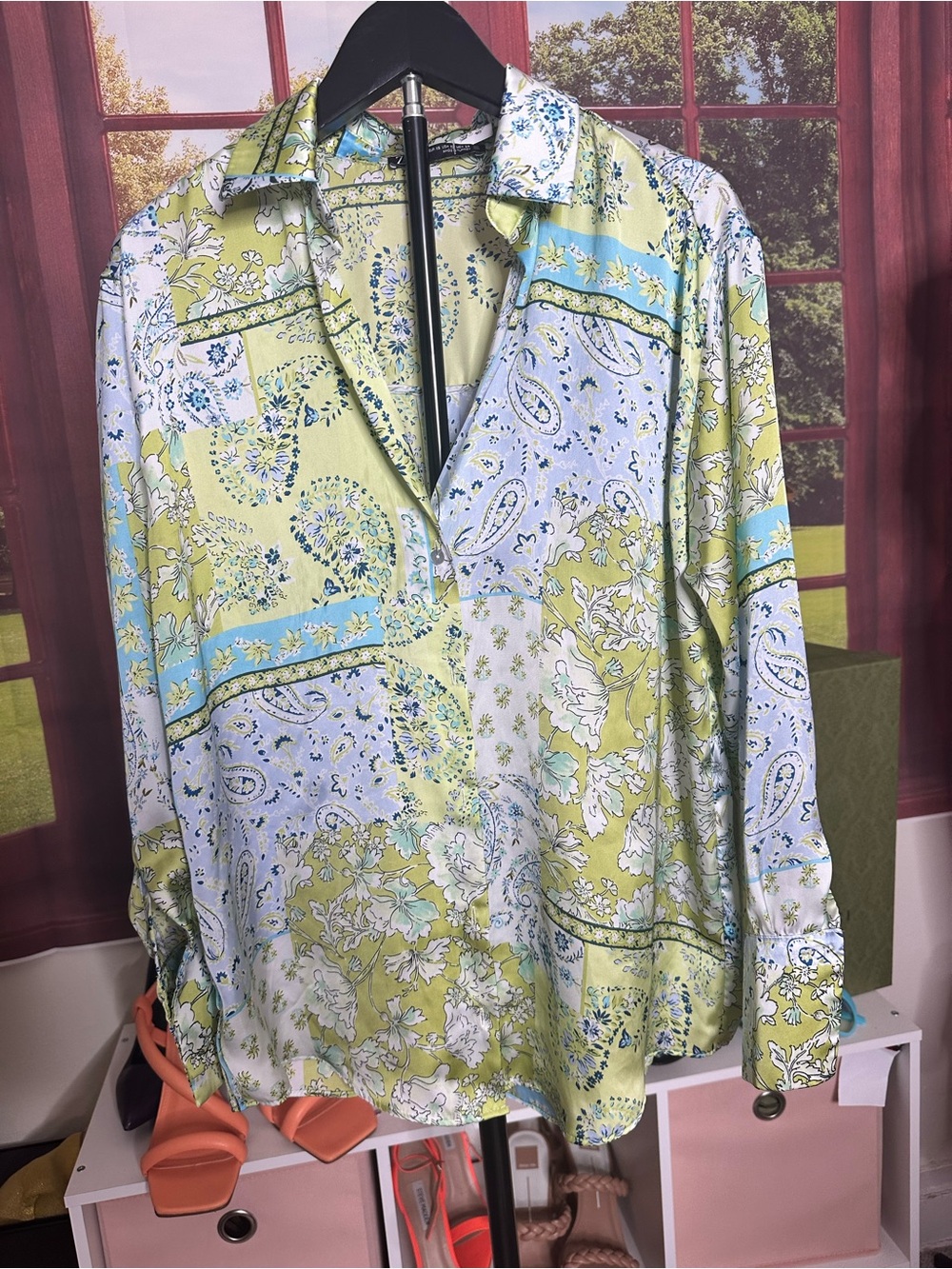 Zara Lemon-Green Floral Button Shirt with Blue Accents